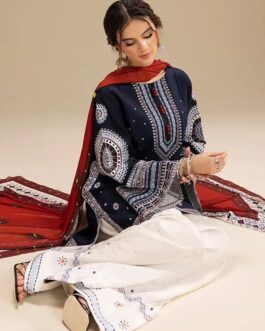 Sufyan Arman 3-Piece Women's Unstitched Embroidered Suit – Dhanak Fabric with Pashmina Dupatta in Blue