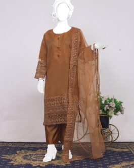Sufyan Arman 3-Piece Women's Stitched Organza Embroidered Suit – Standard Size (Brown)