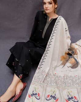 Sufyan Arman 3-Piece Women's Unstitched Embroidered Suit – Dhanak Fabric with Marina Dupatta in Black